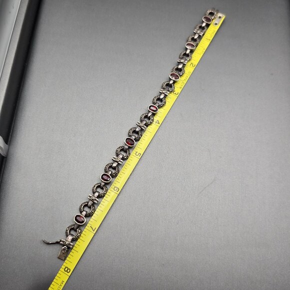 VTG Sterling Silver Garnet & Marcasite Link Bracelet 7.5" RF Hallmark Box Clasp - Picture 10 of 14